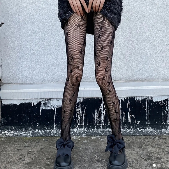 Moon 🌙 & Star 🌟  fishnet tights One size fits most Black - Picture 6 of 7